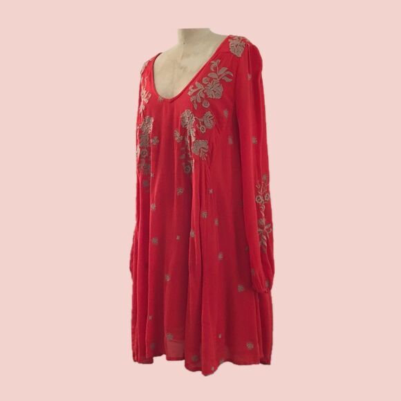 Free People Red Embroidered Cutout Long Sleeve Boho Mini Dress - M L - Picture 2 of 9